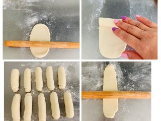 8、咸味香葱芝麻小酥饼,将包好的面团用擀面杖擀成牛舌状,刚好后从上而下卷起。卷好的面团接口朝上,再次感成牛舌状,再次从上而下卷起。