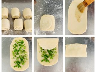 9、咸味香葱芝麻小酥饼,取一个面剂子接口朝上擀成长方形,刷椒盐油酥撒葱花。从上向下三分之一处对折。在从下向上,三分之一处对折,最后再用擀面杖稍稍亚扁擀长一点即可。