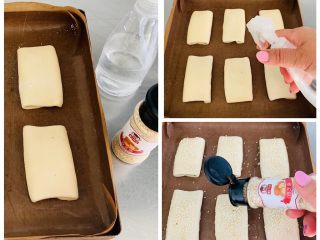 10、咸味香葱芝麻小酥饼,利用喷壶给饼的表面喷水,撒上白芝麻。烤箱提前预热。