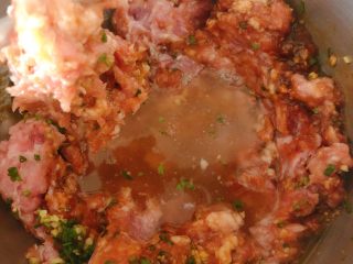 10、鲜肉包子,搅打一下，我们加入水，搅打到肉上劲