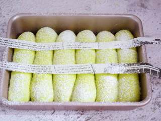 12、菠菜排包,表面加盖两条长长的纸条,再撒上高筋面粉