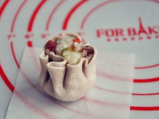 13、褐麦香肠烧麦,用手掌的虎口部位去收口，用力捏一下，防止散开。