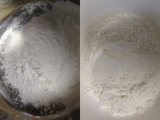 5、紫薯玫瑰花馒头,两个盆里分别放入175g面粉（大概一小碗面粉）