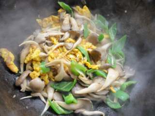 12、平菇青椒炒鸡蛋 好吃又营养的超快手家常菜,倒入调制好的碗汁,大火翻匀收汁,由于加了蚝油,起到了勾薄芡的作用。