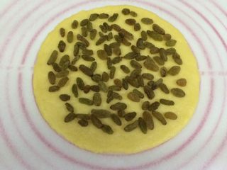 9、红豆葡萄干松饼,在擀好的饼皮上铺好葡萄干（葡萄干事先温水泡软且沥干水分）。