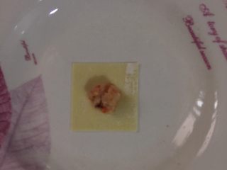 5、鸡肉香菇小混沌宝宝版12M+,拿一张面皮放入肉馅