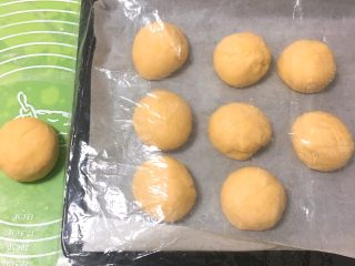 8、喜饼-肉松味,分成九个剂子，滚圆用保鲜膜盖上，面团容易风化。