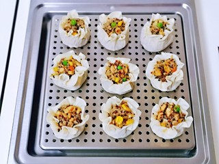 17、糯米藜麦鸡胸时蔬烧菜,依次包完,放在蒸屉上。