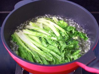 2、小白菜磷虾大馅馄饨,锅中倒入适量的清水烧开，加入少许盐和几滴食用油，把洗净的小白菜进行焯水，变色变软捞出过冷水后沥干。