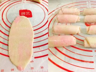 7、桃花酥,松弛好的团子用擀面杖从中间往上下方擀开，呈长条形，覆上保鲜膜，松弛10分钟过后再重复一遍这个动作。