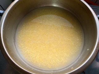 3、苹果小米粥,入锅煮至沸腾后，继续小火20分钟左右煮粥。