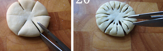 9、葵花酥 ,沿印痕剪成六等份,留出圆心,每等份再剪出三个小口,剪到看见馅料,不要剪到底