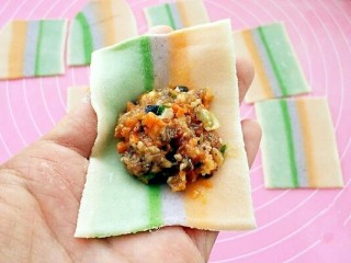 13、彩虹馄饨（宝宝超爱吃）,取一个馄饨皮，中间放上适量馅料。