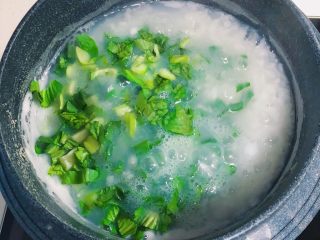 4、蔬菜虾仁粥,小火30分钟后加入青菜，适量盐，少许鸡粉