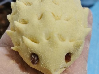 9、花样馒头之腊肠卷、小刺猬,用剪刀剪出刺的部位，眼睛用葡萄干点缀。