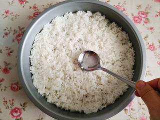 2、大米披萨,大米饭一大碗，平铺在9寸披萨盘上，用勺子轻轻将其压实，为了不让大米饭粘到勺子上，可以把勺子沾一点清水，再压，	