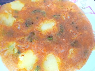 15、虾仁蔬菜煎蛋饼,底部煎至金黄