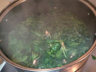 19、从零开始包馄钝—荠菜冬笋虾皮鲜肉馄钝,关火,水开了把菜放进去,关火。筷子把荠菜搅拌。