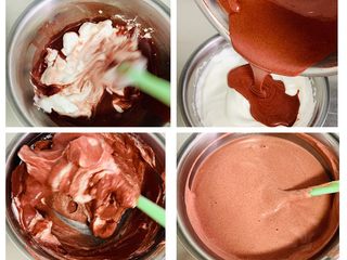 8、红丝绒蛋糕卷,将蛋糕糊倒入剩下的蛋白霜中翻拌均匀，切拌方法，不要画圈和搅拌，以免消泡。