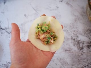 15、猪肉韭菜锅贴,取一张饺子皮,放入适量的馅料