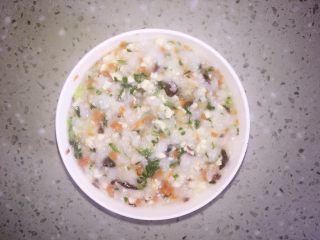 9、鸡肉胡萝卜蔬菜粥  宝宝辅食10M+,最后搅拌均匀，一碗简单又好吃的营养粥就可以吃啦，是不是很方便啊，宝宝们动手做起来吧