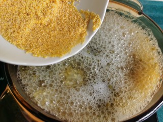 10、绿豆小米粥,等到水烧开后,加入淘洗干净的小米。