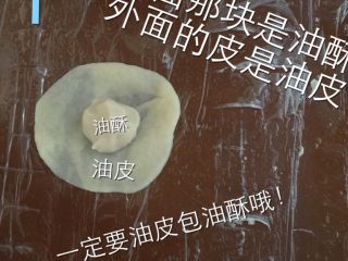 8、火腿伍仁月饼,如图油皮擀圆在中间放一块油酥