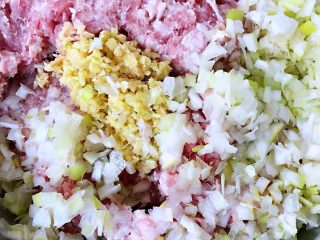 1、豆皮蒸肉卷,剁好的猪肉馅放入切好的葱、姜