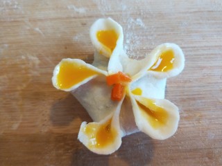 19、蛋液灌饺  新文美食,灌好的近看一下，中间点一下蛋黄，撒上胡萝卜碎。