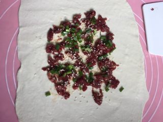 8、牛肉飞饼,将腌制好的牛肉放入擀开的面团中央，撒上黑椒碎、白芝麻、葱花
