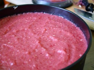 28、清爽香草水果蛋糕,均匀的把它涂开，让后放到冷藏里，至少放1个小时，回到它变得很硬的时候