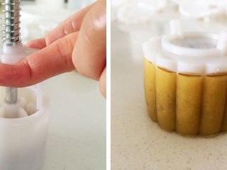 8、“小芽”月饼-适合三岁以上宝宝哦,把模具提起，压出，把右图上的花纹片拿掉就可以了