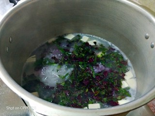 9、苋菜豆腐咸粥,搅一搅煮一会儿，等到红苋菜的颜色煮出来就差不多了
