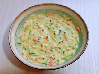 10、快手早餐～西葫芦鸡蛋饼,充分搅拌均匀，静置几分钟。