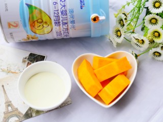 1、甘甜绵软的奶香南瓜粥,准备好主要材料:南瓜100g、奶粉30g;