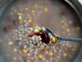 3、#红豆，薏米，玉米粒，大麦，红枣，山楂，解暑汤#,用大火烧开，在小火慢慢的炖，一直炖的豆子开化，喜欢吃甜食的可以放冰糖，我不喜欢甜食，什么没有放，一次可以多炖一些，留下第二天做喝