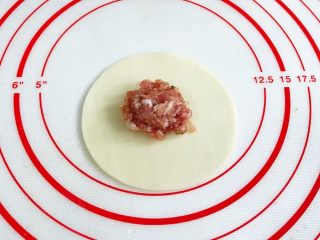 11、四喜蒸饺,取一张饺子皮，中间放入适量的肉馅。