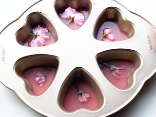 8、樱花草莓慕斯,把冷藏了一会的模具取出来，可以看到镜面慕斯糊已经凝固的略微变硬了。