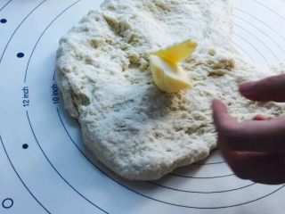 7、椰蓉面包,面团回缩性一般时，加入黄油20克（提前室温软化）继续揉，摔，扯等动作，让黄油彻底吸收到面团里！