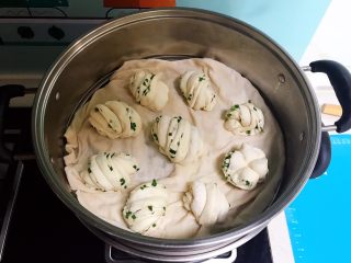 23、蓬松柔软的香葱花卷,把花卷放入蒸锅，二次饧发15分钟