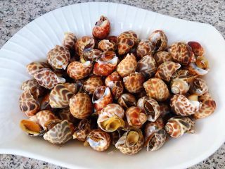 7、涝汁花螺,煮好的花螺控干水分放入盘中