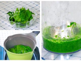 6、菠菜蛋黄十倍粥,菠菜取菠菜叶，焯水30秒，加点水打成菠菜泥。