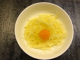 6、土豆丝鸡蛋饼,将土豆丝加入碗中，打入一个鸡蛋