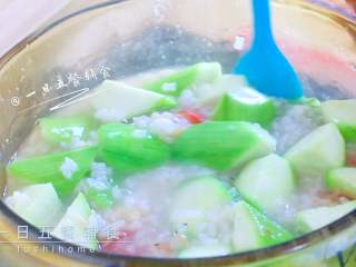5、番茄丝瓜蛋黄虾皮粥,丝瓜、番茄都切丁加入，继续煮10分钟。