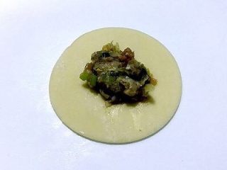 4、四喜饺子，让生活喜气洋洋,拿一个饺子皮，取适量肉馅放入饺子皮当中。