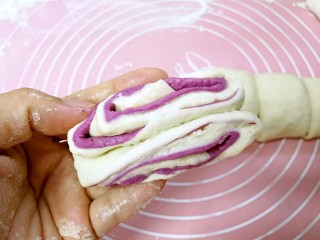 15、紫薯花卷,沿中线折起，稍稍往左右两端拉伸一下。