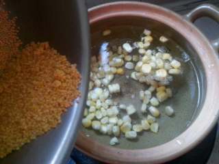 4、玉米虾仁小米粥,砂锅中加2碗水煮开后加入玉米粒与小米、姜1片、等再次沸开后转中微火加盖煲至30分钟。