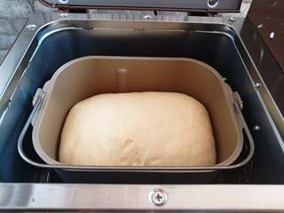 13、红豆面包（面包机版）,发酵完成，面团发酵到面包桶的8分满，设置面包机烘烤默认中色32分钟（如果发酵不到面包桶的8分满可以选延长发酵，轻按面包机的启动键）