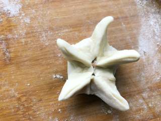 21、梅花蒸饺,五条边捏在一起，中间可以用水蘸一下，粘合的更结实一点。