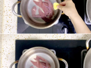 7、菠菜猪肝粥,加入姜片，1大勺料酒去腥